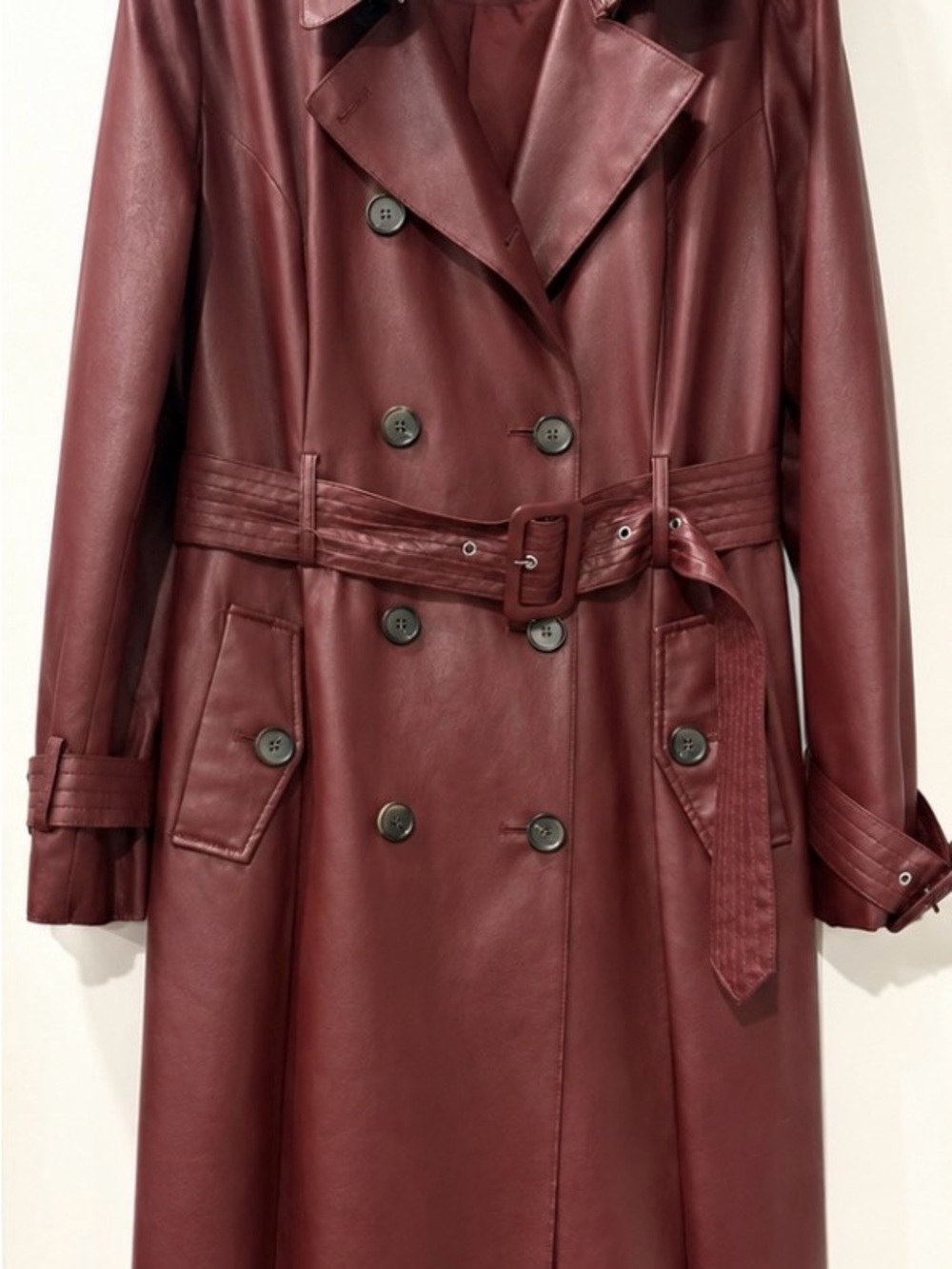New York & Company Burgundy Leather Trench Coat with Belt